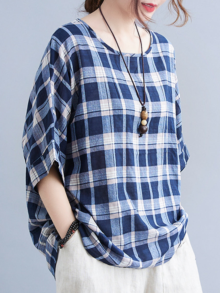 Checkered round neck oversized shirt