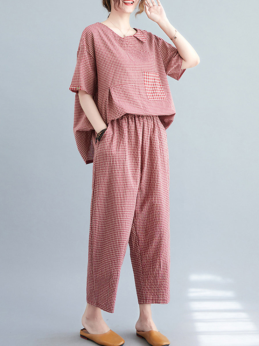 Plaid printed asymmetric loose set