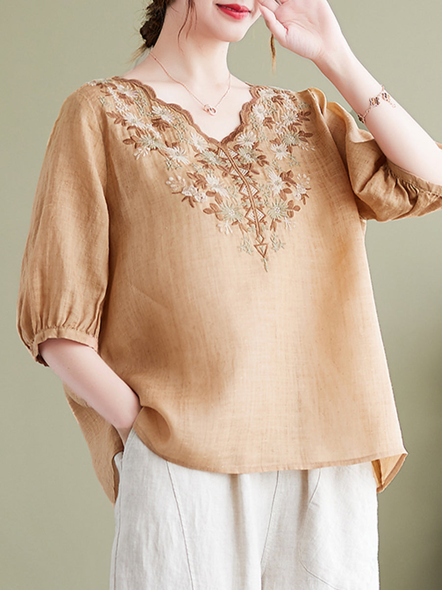 Vintage V-neck embroidered top