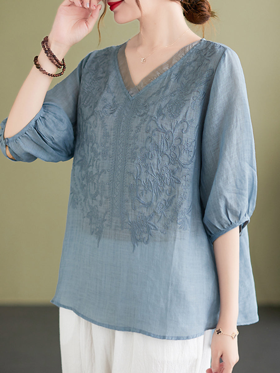 Embroidered V-neck top