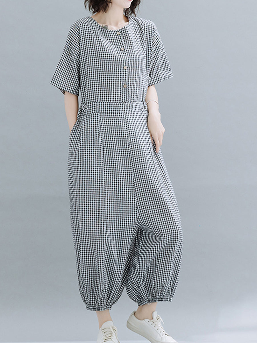 Casual checked short sleeved jumpsuit