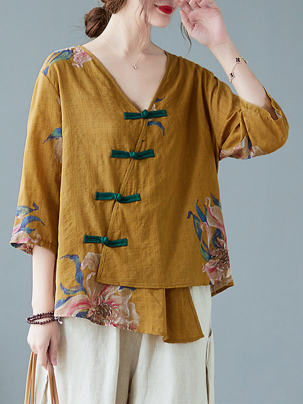 Diagonal button floral printed shirt