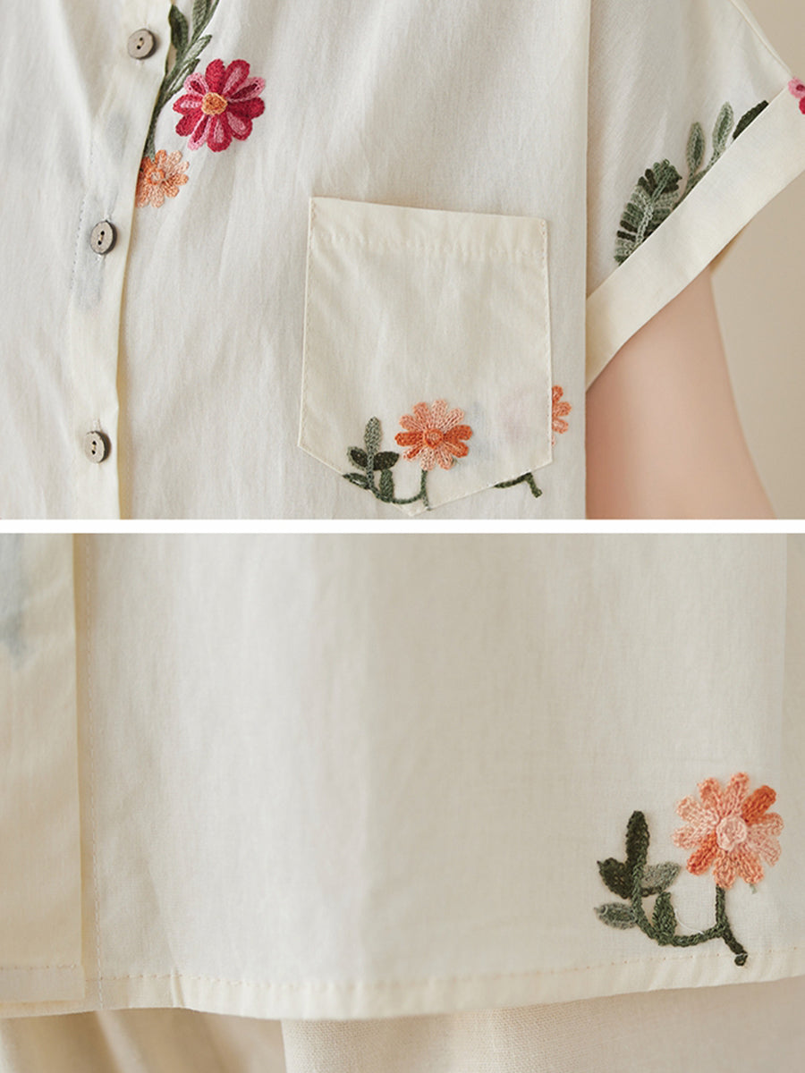 Small flower round neck shirt loose set