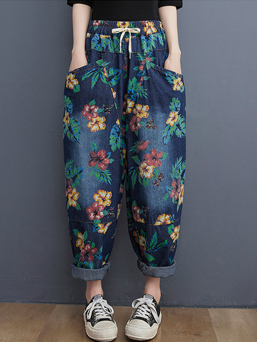 Vintage printed large pocket jeans pant