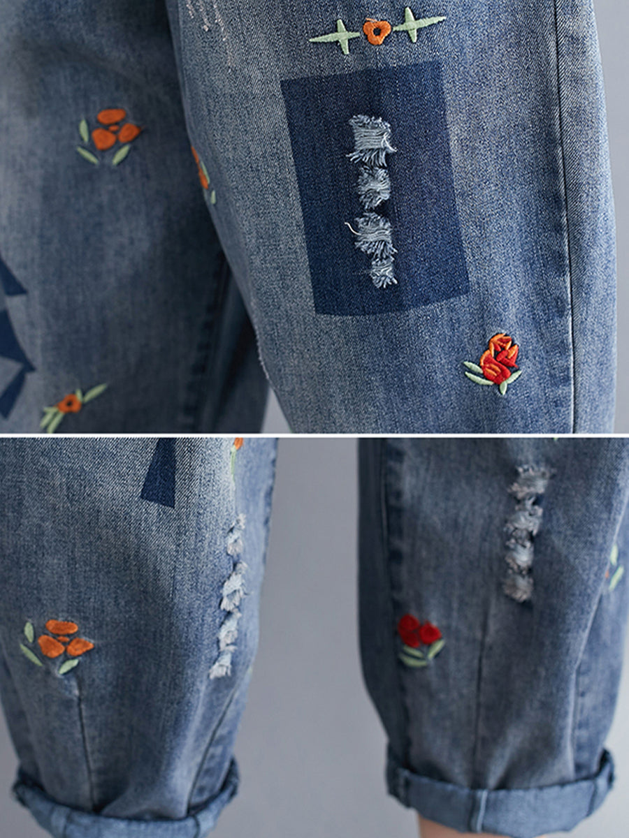 Embroidered torn jeans pant