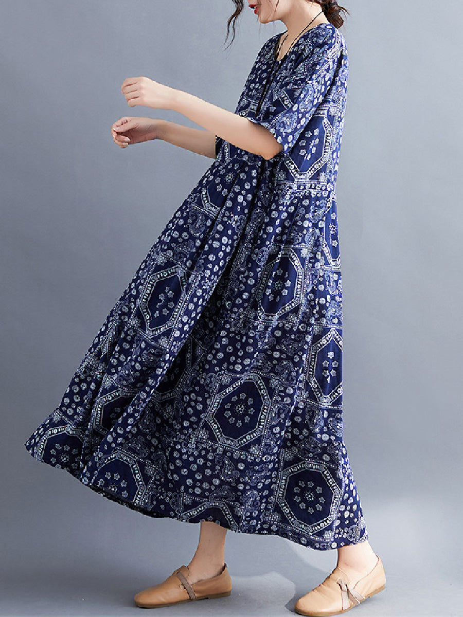 Artistic printed sleeve cotton linen Dress