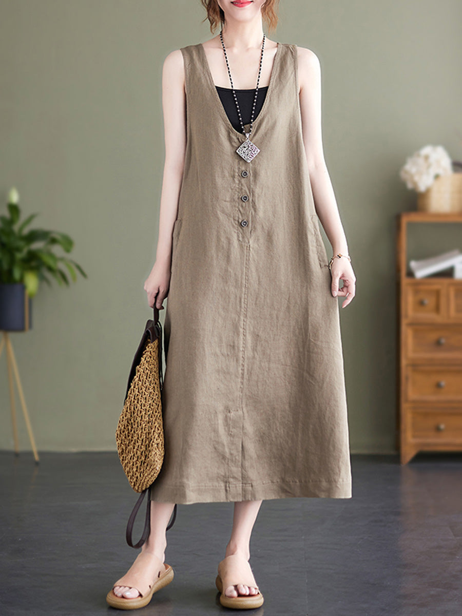 Cotton and linen V-neck sleeveless dress