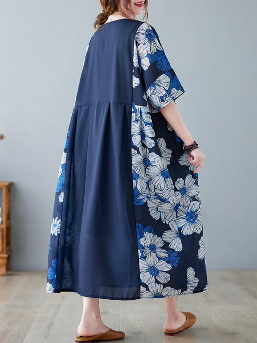 Spliced Dark Blue Flower Skirt