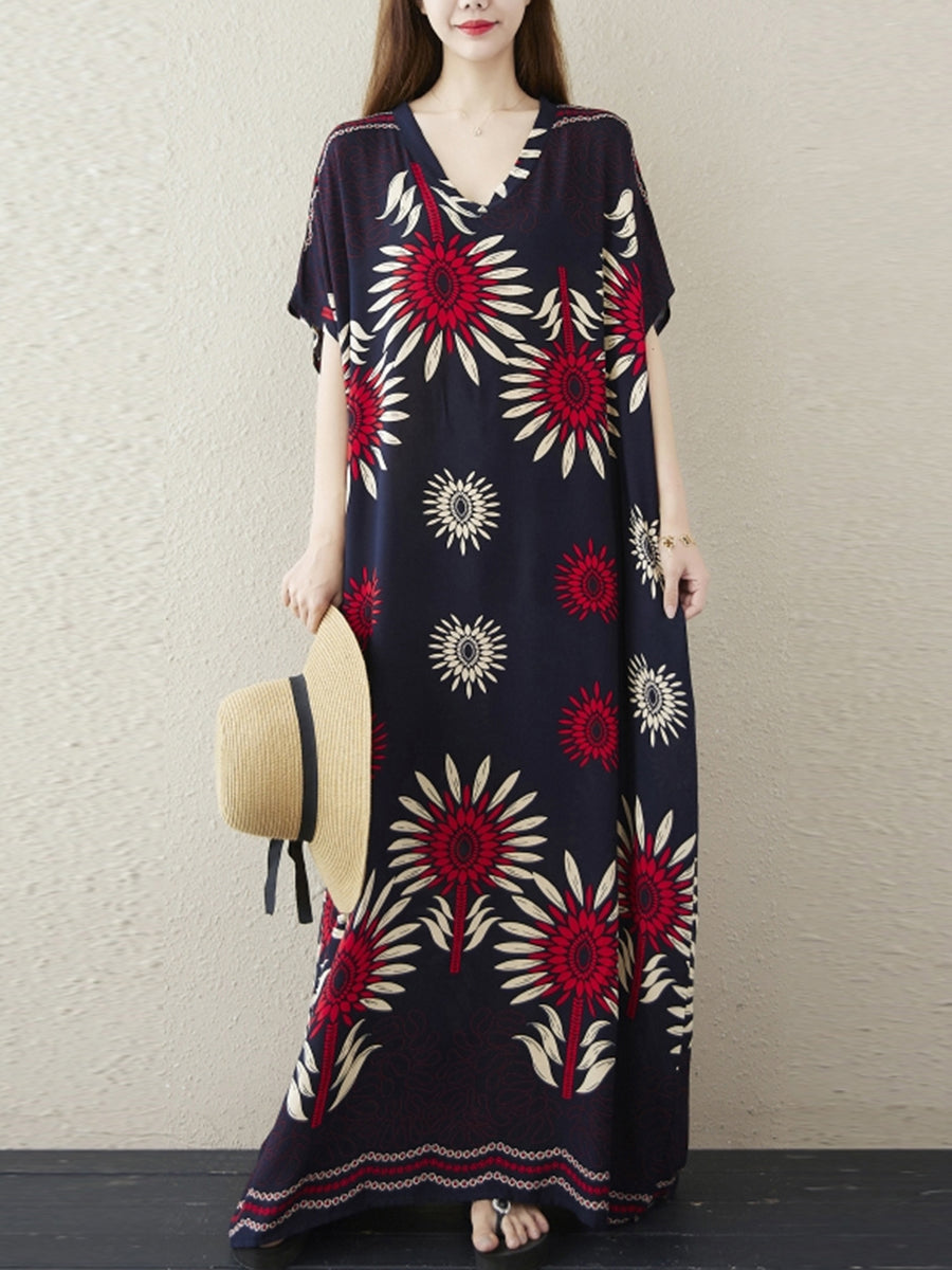 Floral Print Large V-Neck Dress