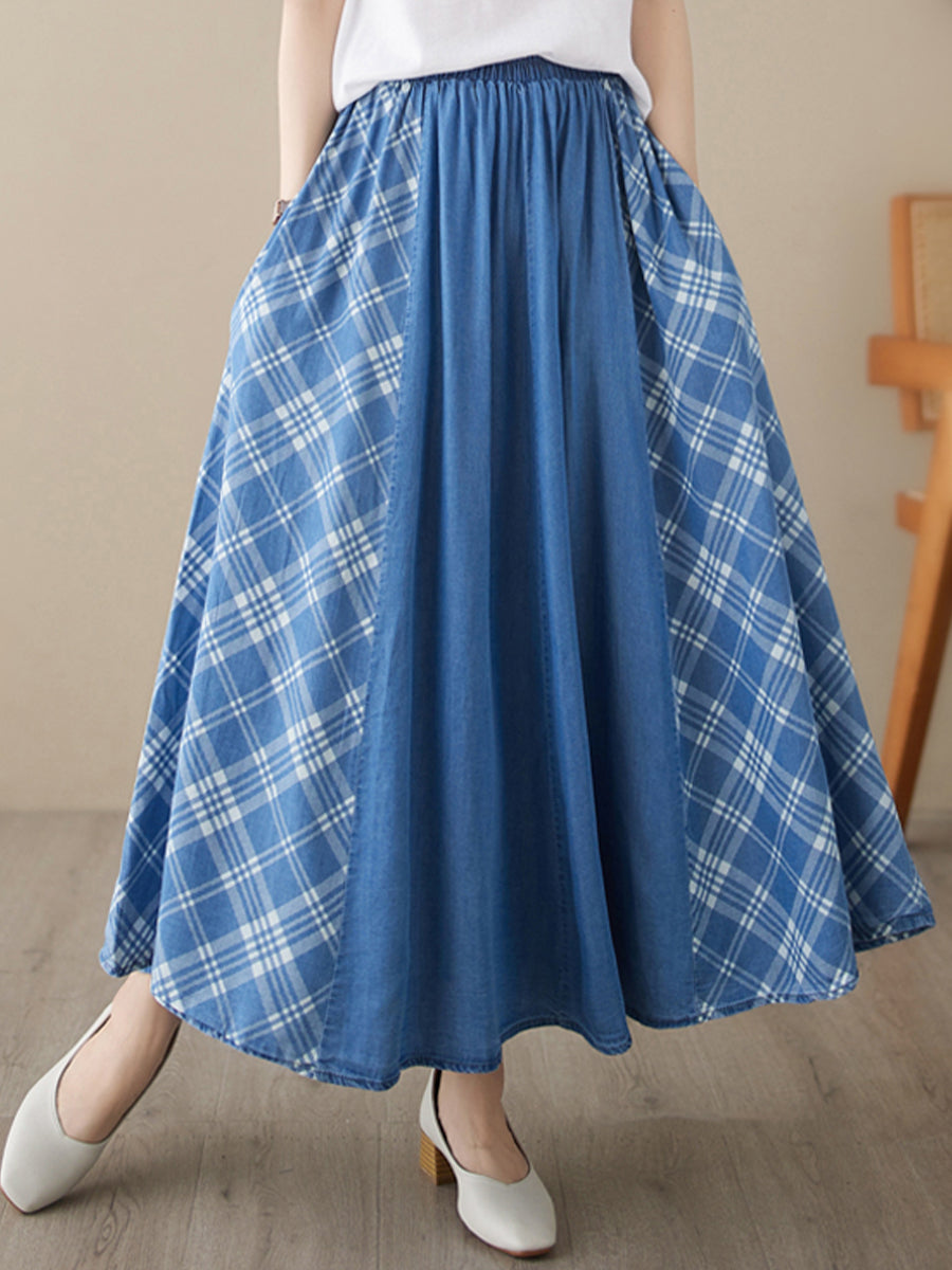 Plaid patchwork denim skirt