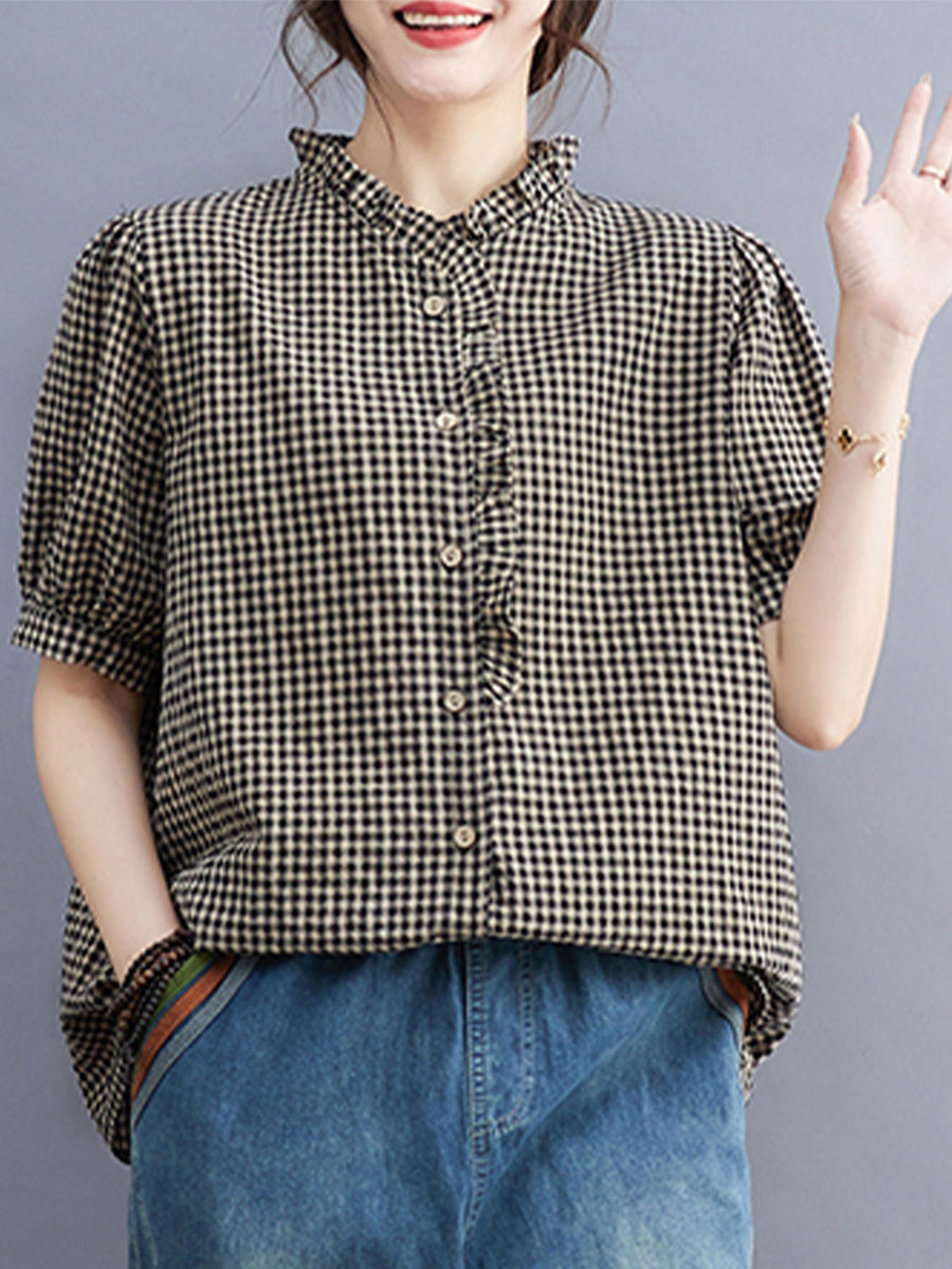 Small plaid lace collar shirt