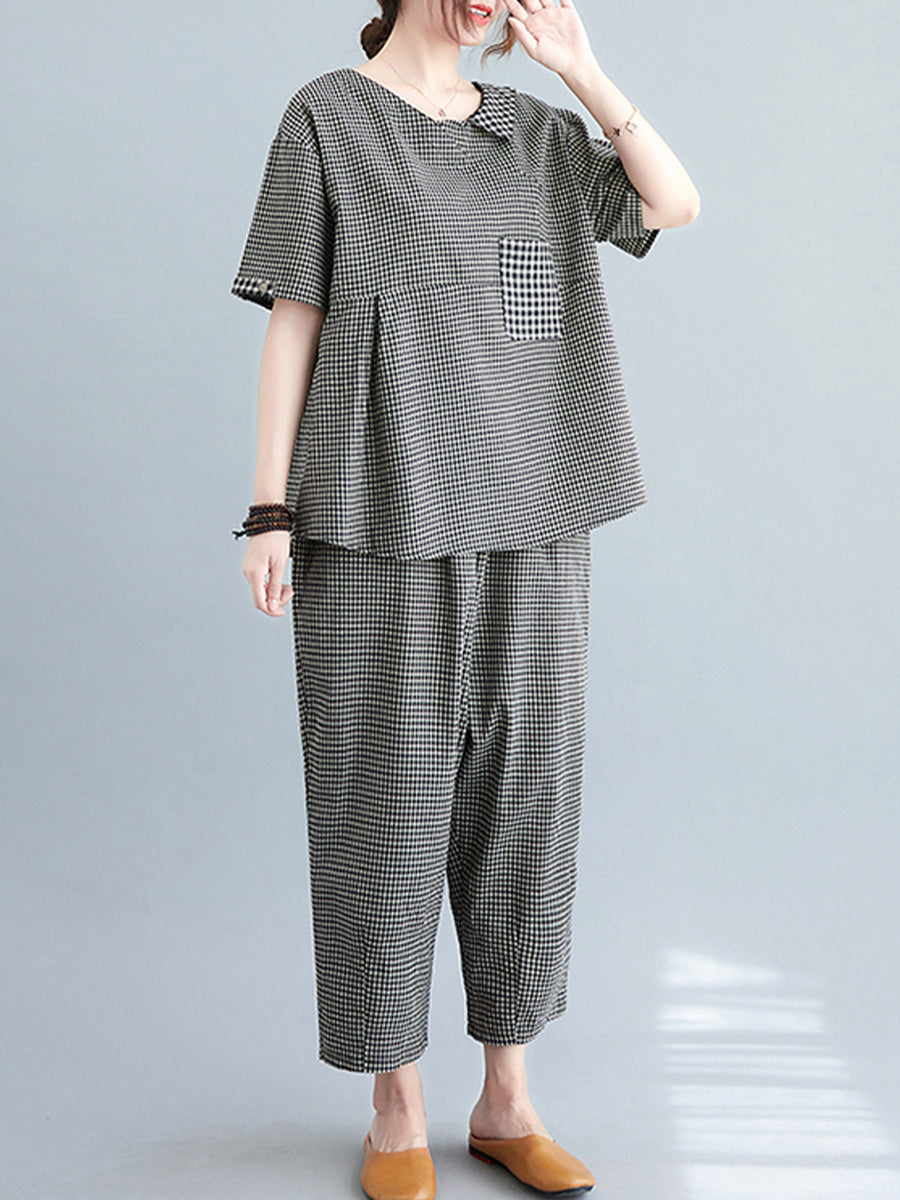 Plaid printed asymmetric loose set