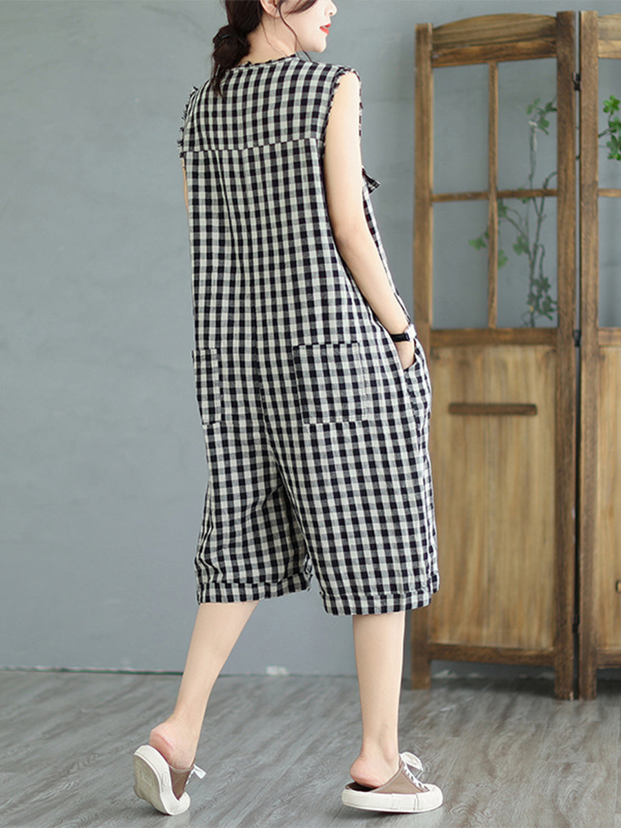 Cotton and linen plaid casual loose Jumpsuit