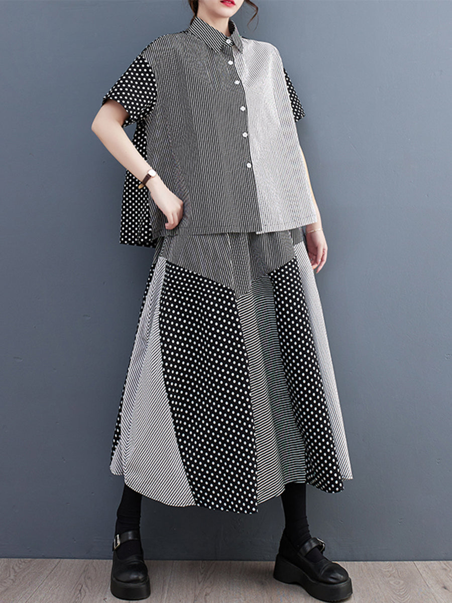 Spliced striped shirt loose set