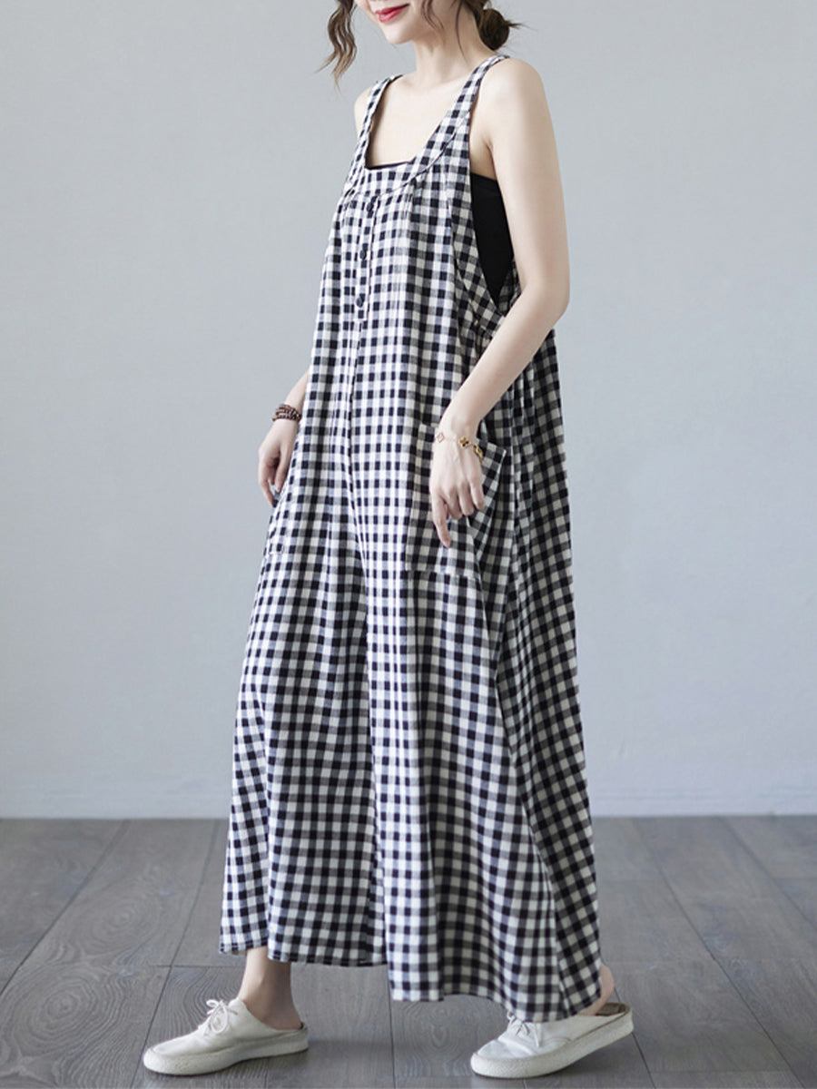 Checkered back strap pocket loose Jumpsuits