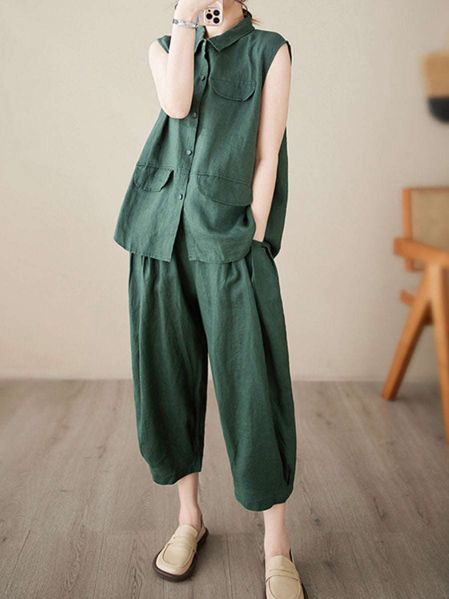 Sleeveless shirt solid color loose set