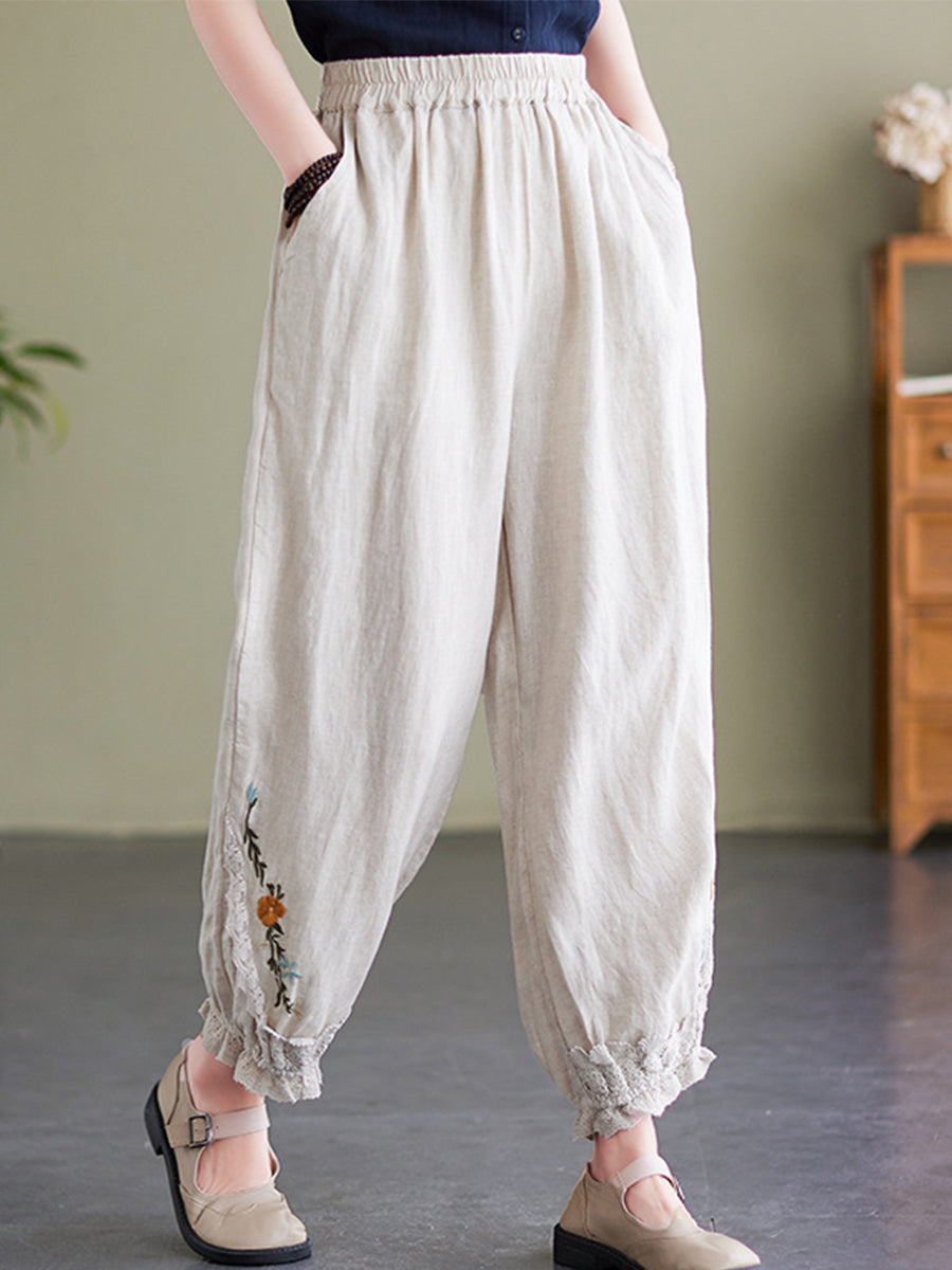 Embroidered cotton and linen cropped pants