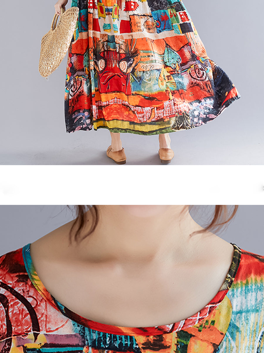 Art printed cotton and linen dress