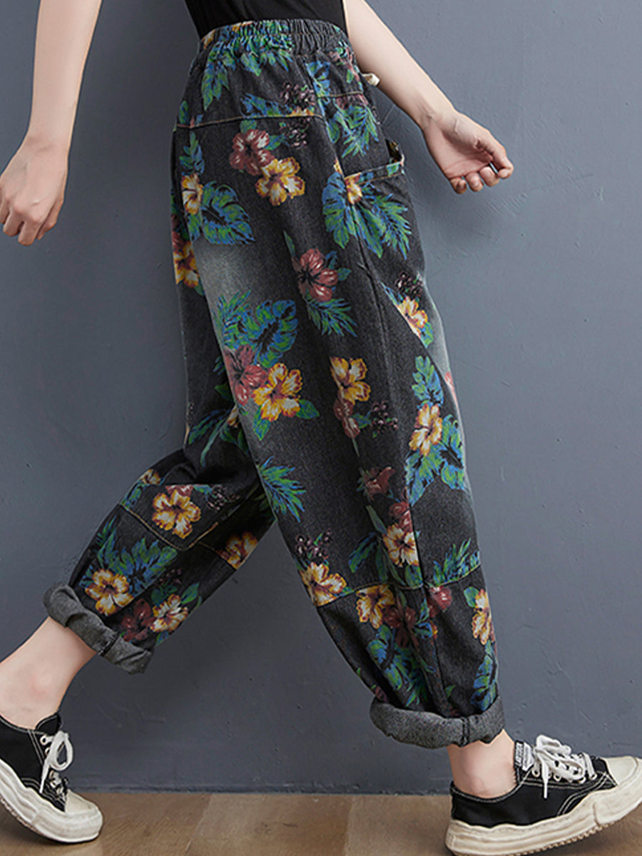 Vintage printed large pocket jeans pant