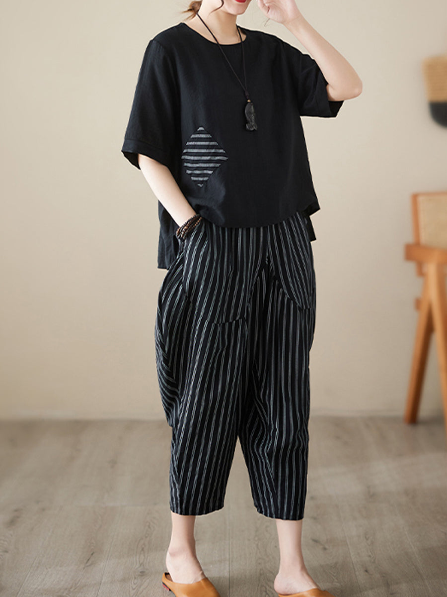 Round neck diagonal pocket loose set