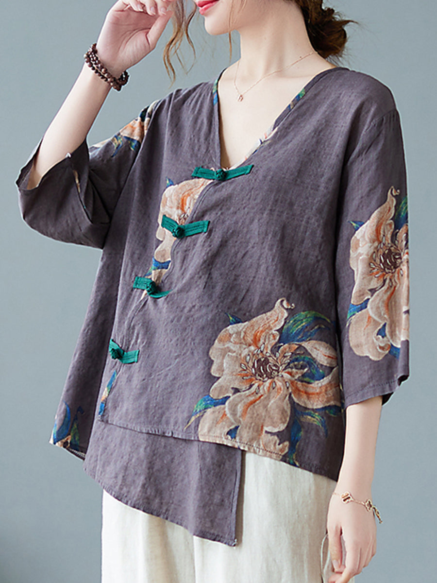 Diagonal button floral printed shirt