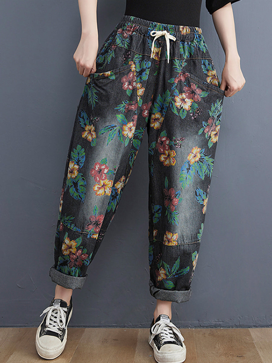 Vintage printed large pocket jeans pant