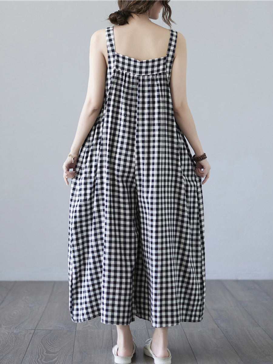 Checkered back strap pocket loose Jumpsuits