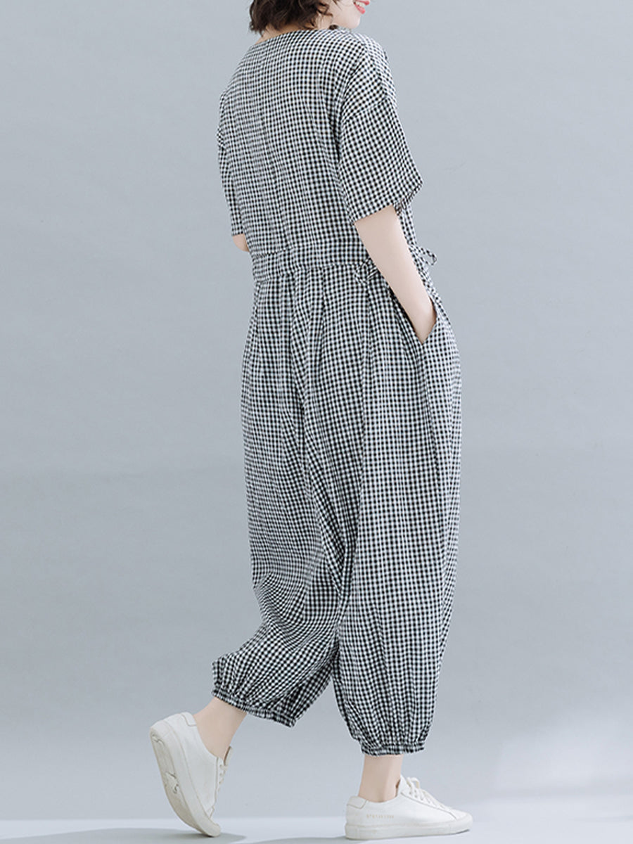 Casual checked short sleeved jumpsuit