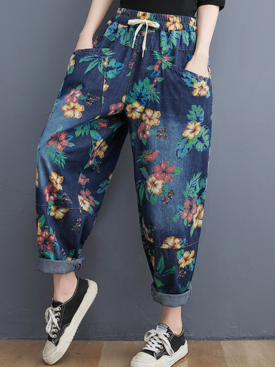 Vintage printed large pocket jeans pant