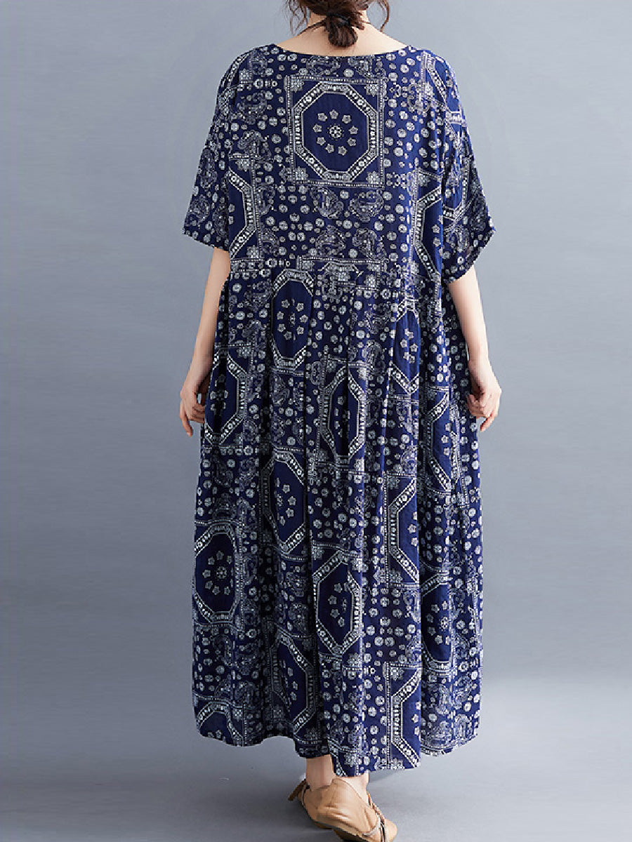 Artistic printed sleeve cotton linen Dress