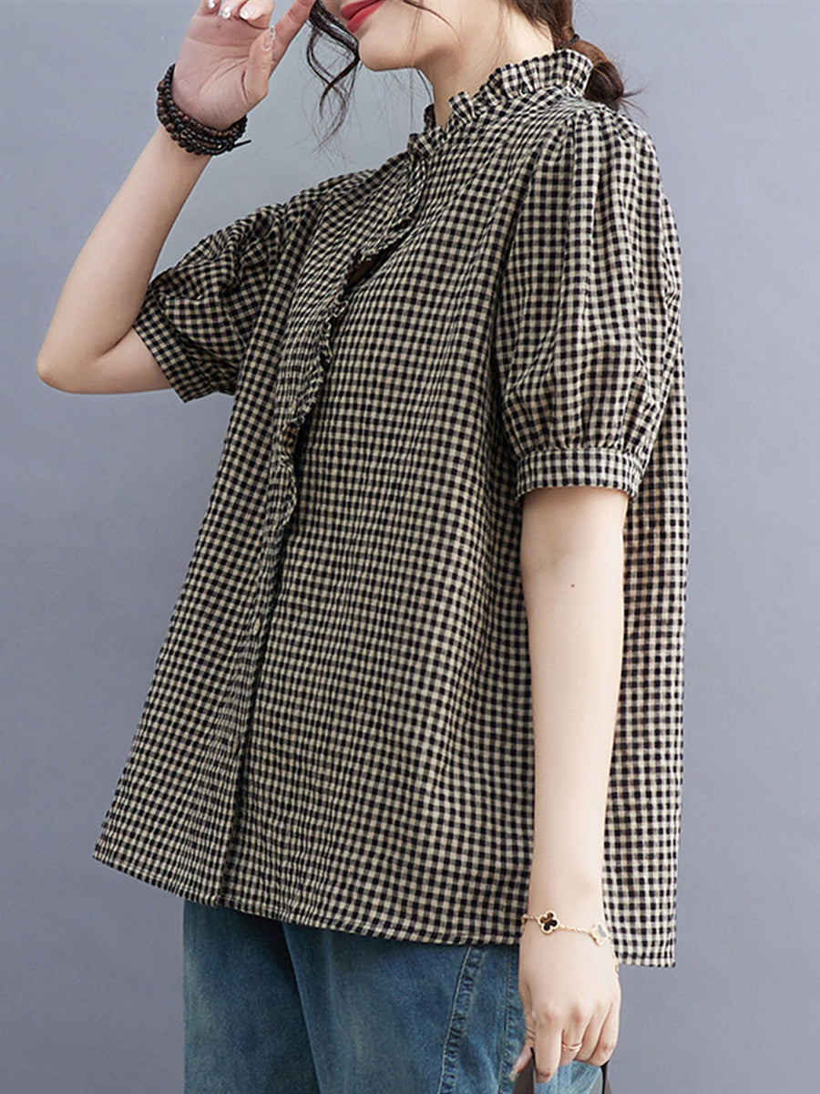 Small plaid lace collar shirt