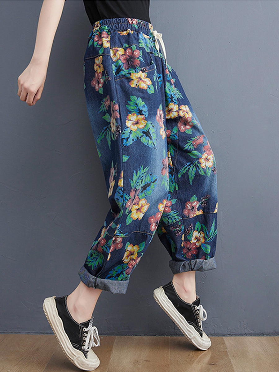 Vintage printed large pocket jeans pant