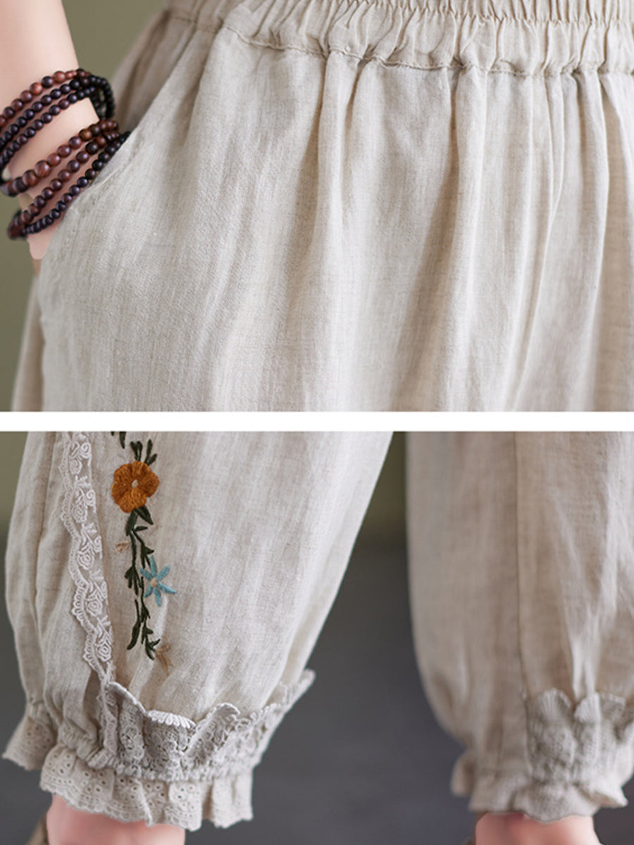 Embroidered cotton and linen cropped pants