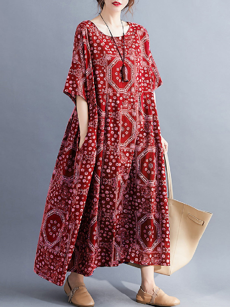 Artistic printed sleeve cotton linen Dress