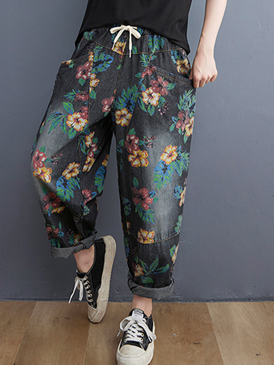 Vintage printed large pocket jeans pant