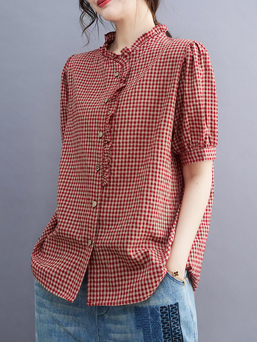 Small plaid lace collar shirt