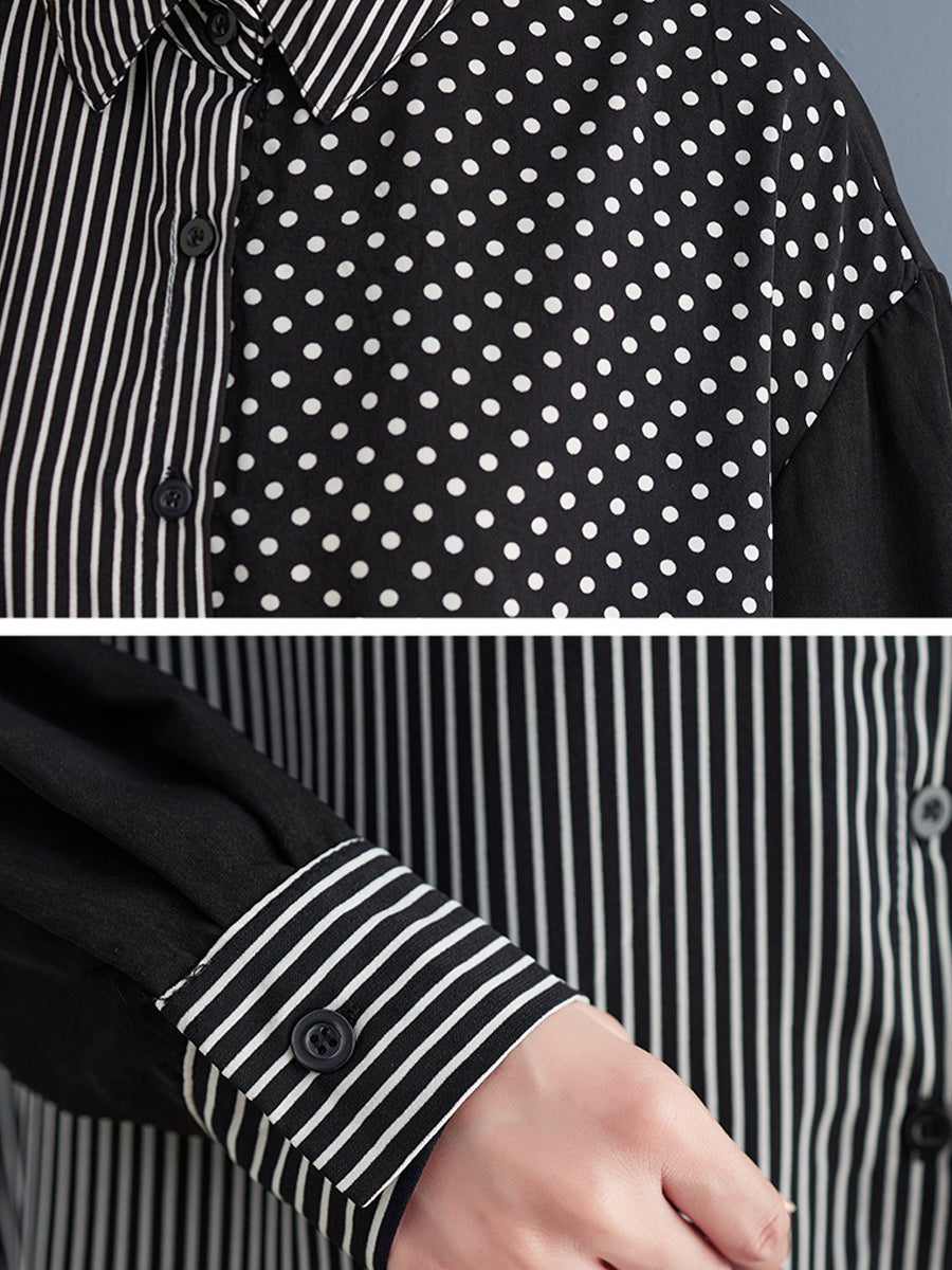 Spliced Stripe Long Sleeve Shirt Loose Set