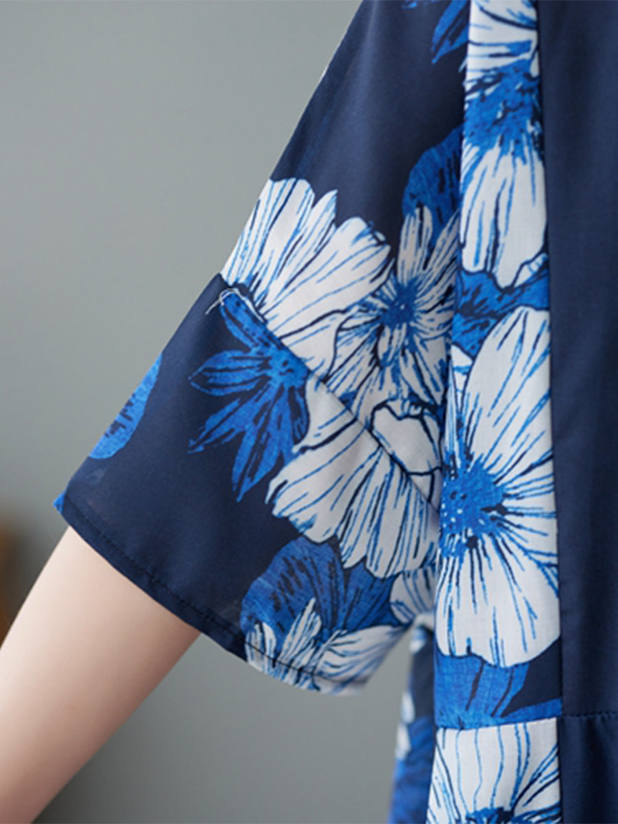 Spliced Dark Blue Flower Skirt