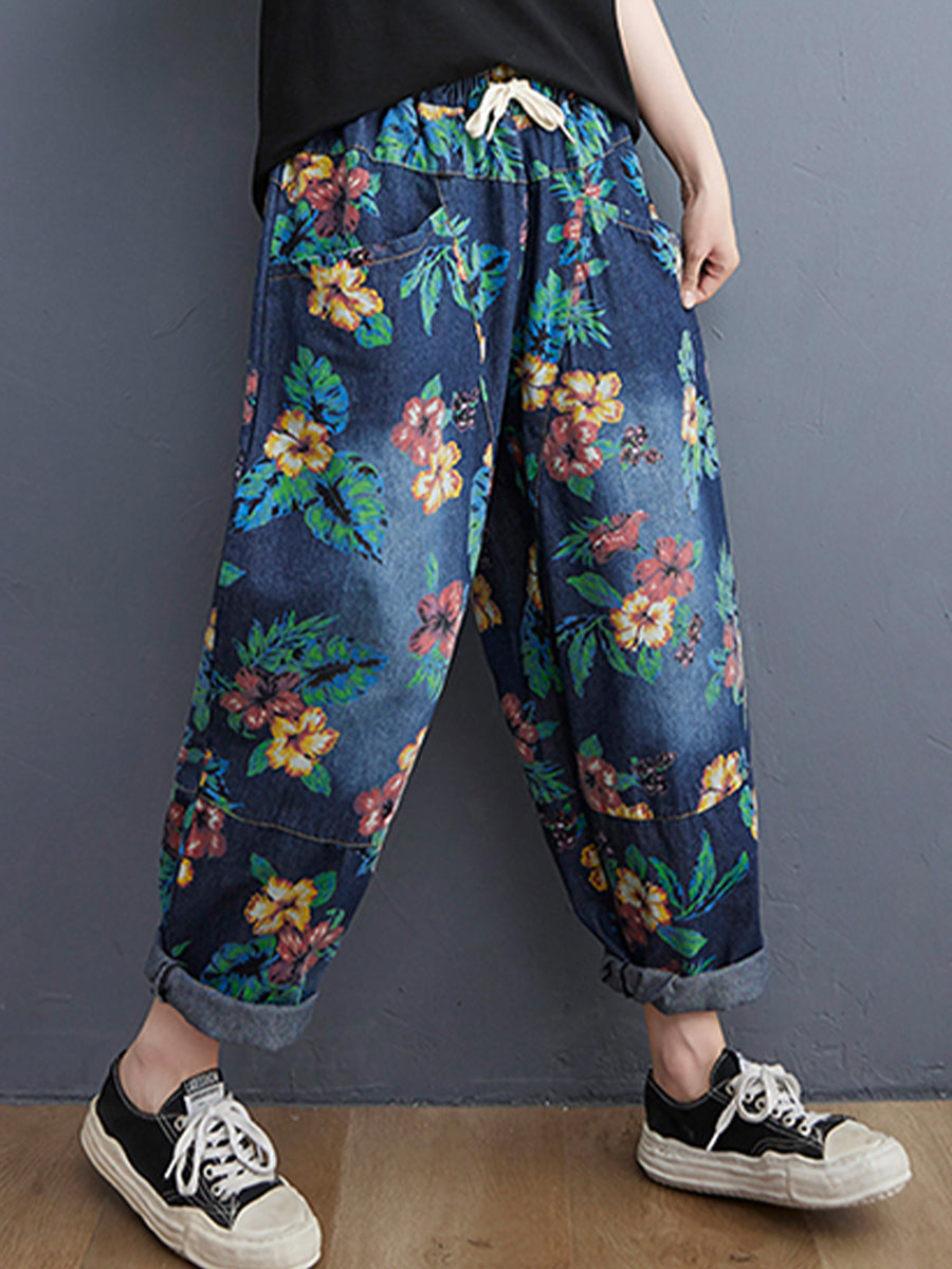 Vintage printed large pocket jeans pant