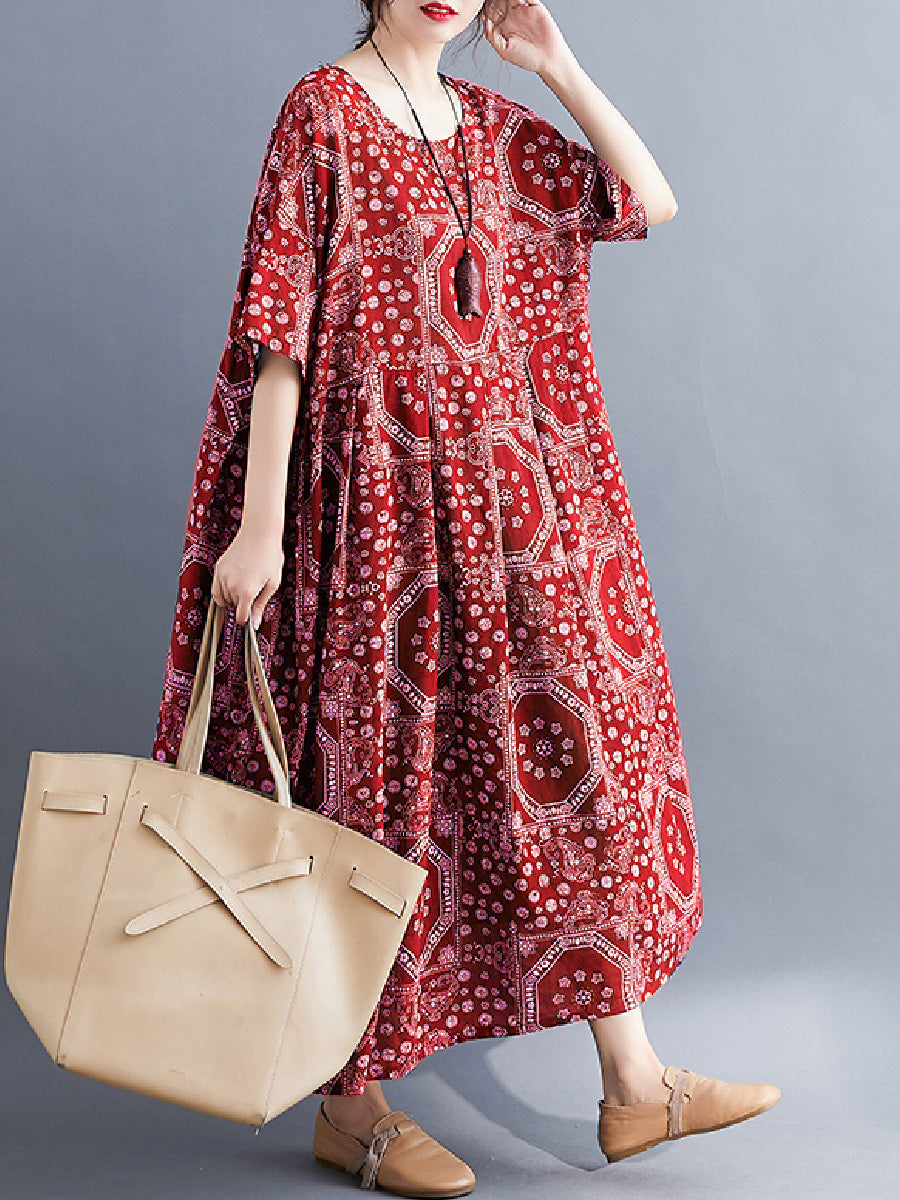 Artistic printed sleeve cotton linen Dress