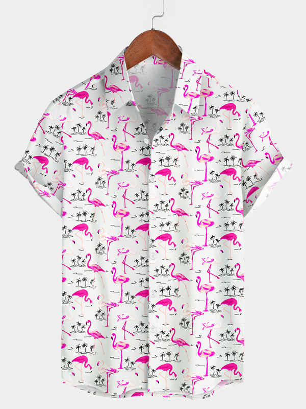 Chemise à manches courtes à imprimé flamant rose pour hommes