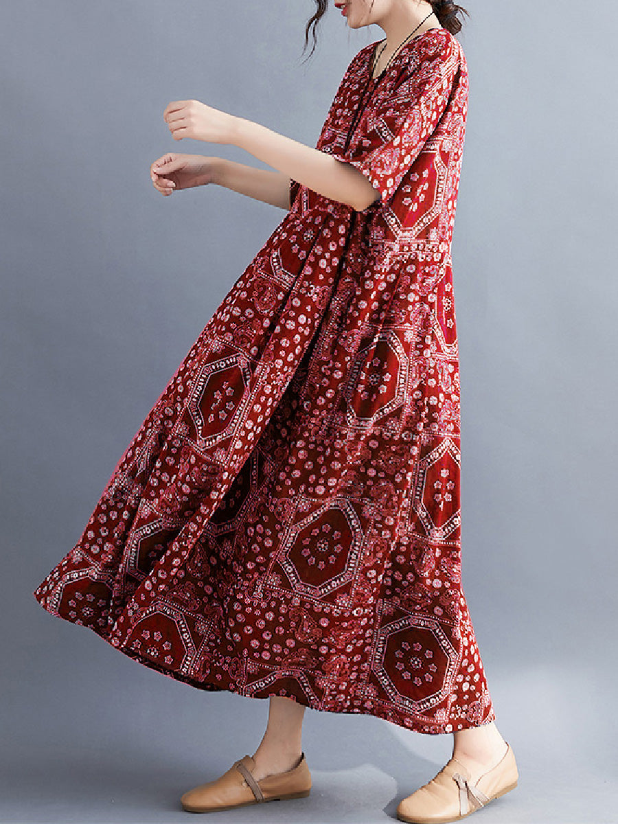 Artistic printed sleeve cotton linen Dress